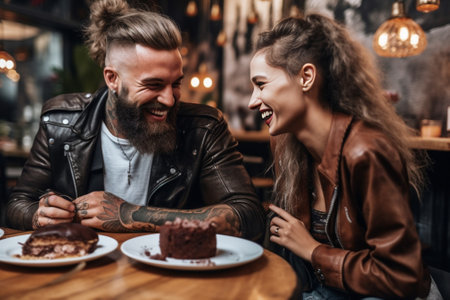 Generative AI : Happy best friends having fun at restaurant Lovely couple playing with foodの素材