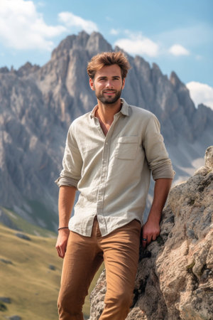 Generative AI : Portrait of a attractive hiker on a mountain landscape  caucasian peopleの素材