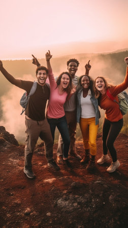 Generative AI : Multiracial group of young people hiking mountains together  Happy friends taking selfie picture on the top of the cliff  Trekking travel and sport conceptの素材