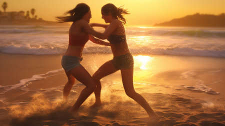 Generative AI : Maartial arts fight between master and his pupil at the beach during the sunrise concept about people lifestyle and sportの素材