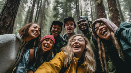 Generative AI : Happy group of friends with backpacks hiking in the mountains  Multiracial young people taking selfie hanging outside in weekend excursion trip  Sport and leisure lの素材
