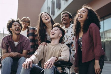 Generative AI : Happy multiracial students having fun sitting in college campus  Smiling friends talking and laughing together outside  Highschool teenagers socializing in front ofの素材