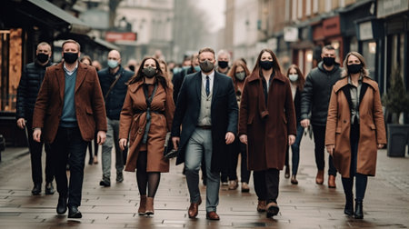 Generative AI : Happy friends walking on city street  New normal concept with young people covered by face masks having fun togetherの素材