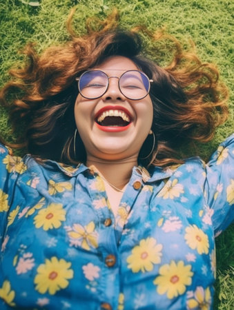 Generative AI : Young happy girl taking a selfie lying on the grassの素材