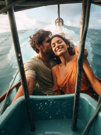 Generative AI : Happy young couple in love hugging on sail boat floating on the sea Young people having fun at holiday exclusive vacationの素材