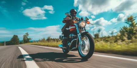Generative AI : Biker driving his motorcycle on the road  Man is traveling with his bike view from aboveの素材