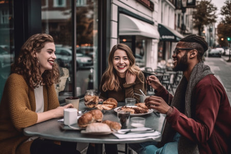 Generative AI : Multiracial group of friends having dinner party sitting at coffee bar table  Young people enjoying meal on morning brunch time  Life style concept with women and mの素材
