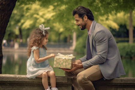 Generative AI : Dad and daughter enjoying skyline of New York sitting on a bench Portrait about family love and travelの素材