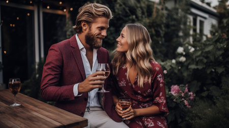 Generative AI : Young couple in love on a date having fun drinking red wine in farmhouse garden  Multiracial boyfriend and girlfriend enjoying wine tasting weekend experience at reの素材