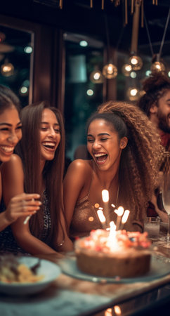 Generative AI : Young people celebrate birthday party in fancy cocktail bar drinking champagne  Happy friends hanging out on weekend enjoying luxury prive service at night clubの素材