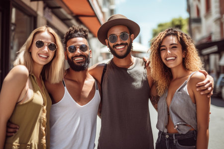 Generative AI : Multiracial smiling friends having fun walking on city street  Happy young people laughing and socializing hanging out in a sunny day  Friendship concept with guysの素材