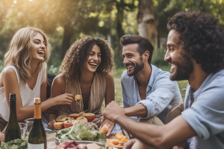 Generative AI : Young people eating healthy food at bio organic restaurant  Happy friends having picnic garden party  Happiness and friendship conceptの素材