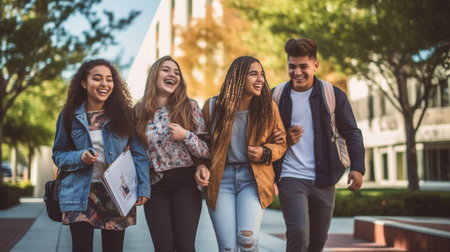 Generative AI : Group of multiracial students going to school together  Happy young people having fun in college campus  Laughing friends walking outdoors  Scholarship conceptの素材