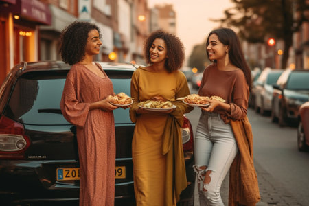 Generative AI : Three young female friends eating pizza sitting outside  Happy women enjoying street food in the city  Italian food culture and european holidays conceptの素材
