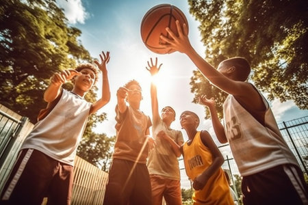 Generative AI : Group of friends playing basketball  Group of sportive multiracial people playing togheter during the summertime   Concept about people lifestyle and sportの素材
