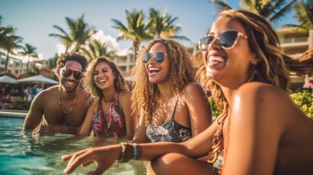 Generative AI : Group of multiracial friends having a pool party cheering with champagne Young people laughing and having fun at vacation in a luxury tropical resortの素材