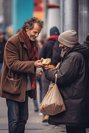 Generative AI : Generous businessman gives money to a homelessの素材