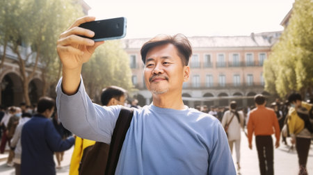 Generative AI : Cheerful man taking a selfie in the cityの素材