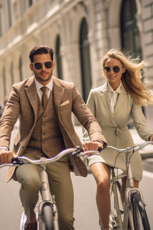 Generative AI : Young couple having fun in the city going for a bike ride at vacationの素材