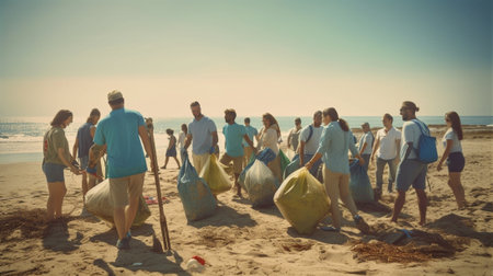 Generative AI : Group of eco volunteers picking up plastic trash on the beach  Activist people collecting garbage protecting the planet  Ocean pollution environmental conservationの素材