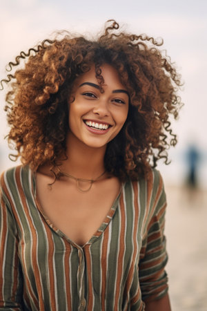Generative AI : Close up of delightful afro woman taking selfie at the beach in summery day  Beautiful black girl smiling looking at camera outside  Fashion lifestyle and beauty coの素材