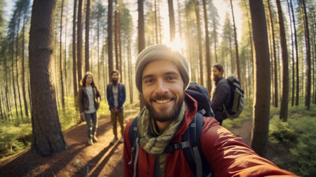 Generative AI : Handsome smiling traveler man taking a selfie in the forestの素材