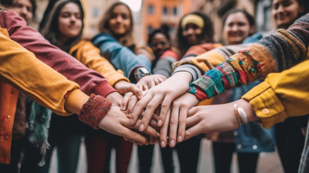 Generative AI : Multi ethnic young people team stacking hands together outside  International university students support and help each other  Friendship team building human relatiの素材