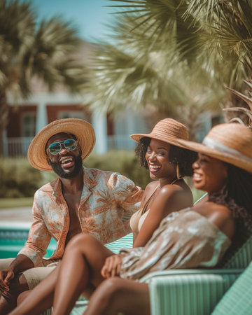 Generative AI : Happy multiracial friends having fun on a pool party on vacation  Luxury vacation concept with young people in summer at hotel resort  Pov viewの素材