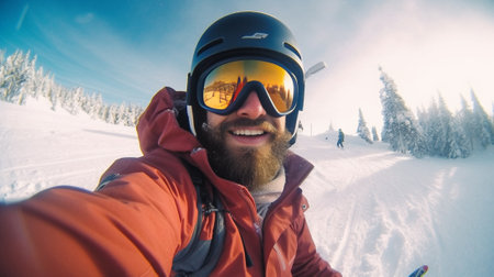 Generative AI : Skier man is taking a selfie on a snowy mountain at winterの素材
