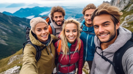 Generative AI : Millenial friends taking selfie on the top of the mountain  Young people on a hiking trip celebrate reaching the summit  Hikers climbing cliff togetherの素材