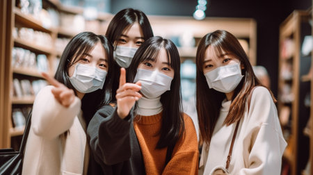 Generative AI : Young people having fun taking a selfie at coffee shop restaurant  New normal friendship concept with friends covered by face mask at restaurantの素材