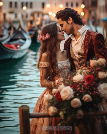 Generative AI : Romantic couple in love kissing at holiday in Venice Italy San Marco Squareの素材