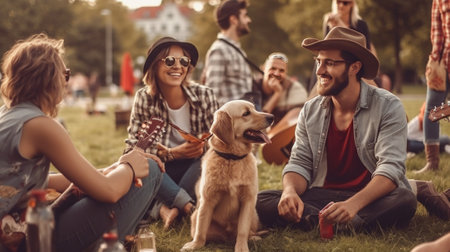 Generative AI : Smiling friends in the park with food on the table watching sport game on a tablet pc  on a sunny day with their dog  Caucasian people  people nature animal technolの素材