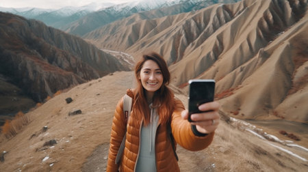 Generative AI : girl gets a selfie during her journey through nature  people technology and nature conceptの素材
