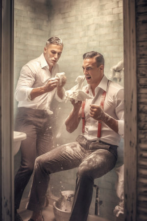 Generative AI : Young couple having fun playing with shaving foam in the bathroom  Boyfriend and girlfriend enjoying domestic romantic moment togetherの素材