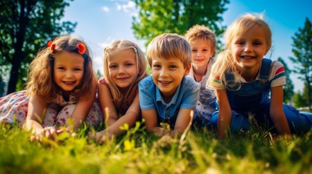 Generative AI : Young friends having fun in the park  Group of happy lying on the grass outdoor looking at camera  Bright filterの素材