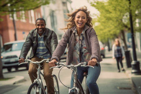 Generative AI : Young couple having fun in the city going for a bike ride at vacationの素材