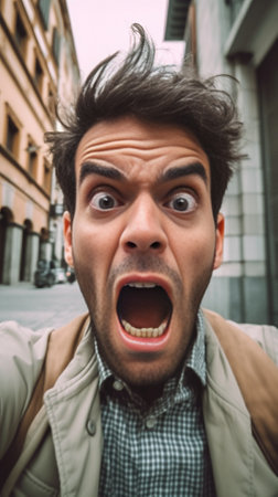 Generative AI : Amazed man taking a selfie Young man is looking incredulous at the camera on his vacation Focus on the mouthの素材