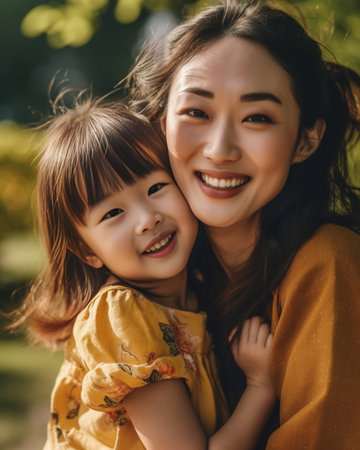 Generative AI : Asian mother and daughter having fun outside  Portrait of happy woman giving a piggyback ride to cute little girl at park  Indonesian kid with with mom playing outdの素材