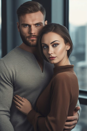 Generative AI : Attractive girl hugging her boyfriend and looking at the camera Concept about love people and lifestyleの素材