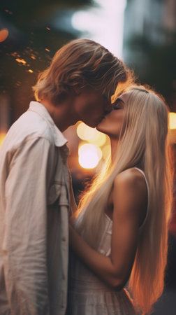 Generative AI : Couple of young tourist in love having a romantic kiss in the city Boyfriend and girlfriend having a special romantic moment on the street Love tourism and lifestylの素材