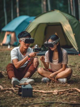 Generative AI : Camping couple in tent taking selfie Happy friends having fun togheter Concept about people lifestyle and technologyの素材