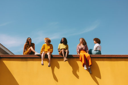 Generative AI : Four friends sitting on a wall and chatting after buying presents  people with shopping bagsの素材