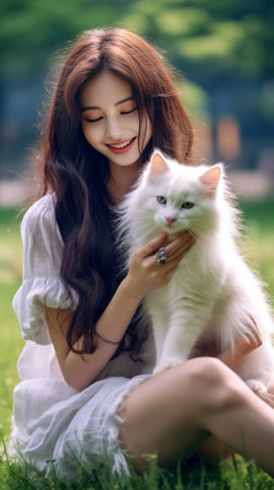 Generative AI : Beautiful teenager woman smiling and having fun with her white dog lying on the grass at the park Dog licking and kissing ownerの素材
