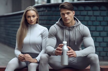 Generative AI : Man and woman drinking energy drink from bottle after fitness sport exerciseの素材