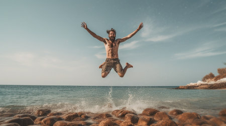 Generative AI : Happy man jumping at the beachConcept about holiday success people and lifesytleの素材
