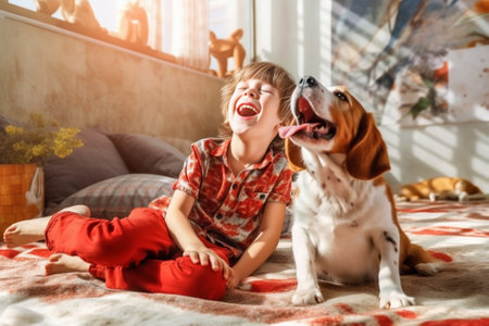 Generative AI : Kid having fun playing with his dog on floor at home  Child cuddling his pet friend lying on carpet  People and domestic animals conceptの素材