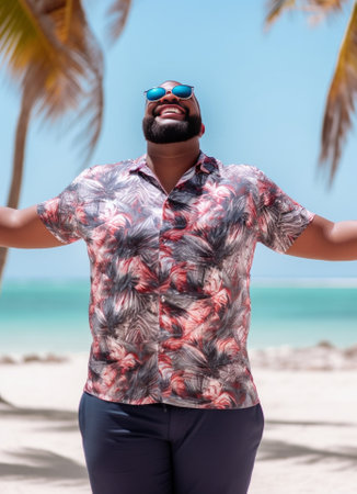 Generative AI : Happy excited man take a selfie at vacation on a tropical island palm trees in the backgroundの素材