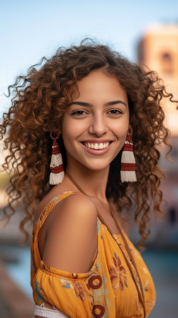 Generative AI : Happy tourist visiting Jamaa elFna market Morocco  Beautiful female taking selfie enjoying summer vacation outside  Holidays and travel blogger conceptの素材
