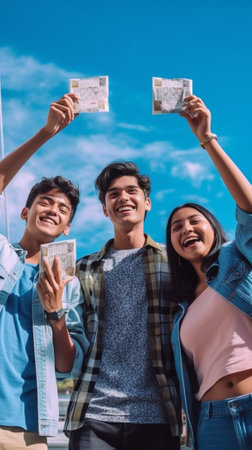 Generative AI : Happy students holding books smiling at camera  New normal lifestyle concept with young friends wearing face mask having fun outdoor  Bright filterの素材